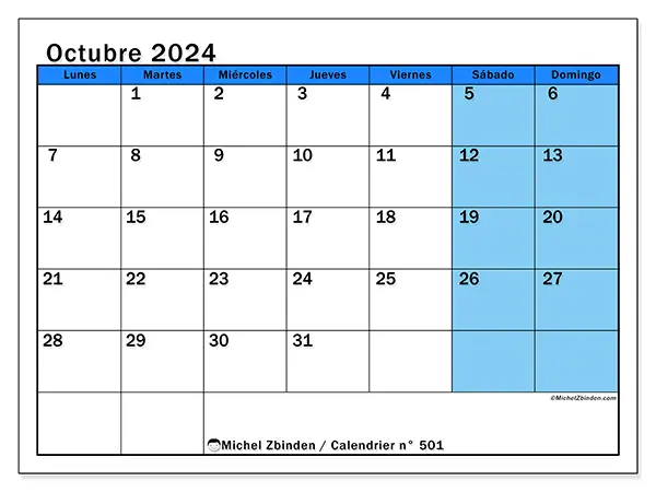 Calendario para imprimir n° 501, octubre de 2024
