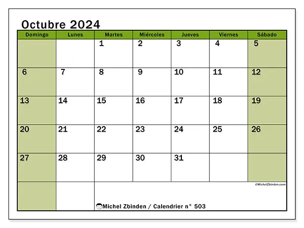 Calendario para imprimir n° 503, octubre de 2024