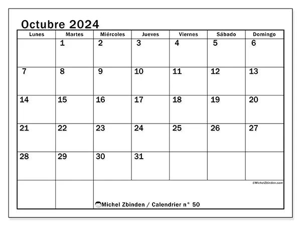 Calendario n.° 50 para imprimir gratis, octubre 2025. Semana:  De lunes a domingo