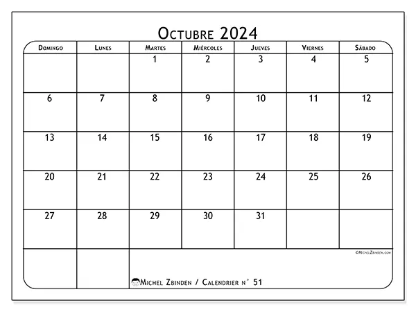 Calendario n.° 51 para octubre de 2024 para imprimir gratis. Semana: De domingo a sábado.