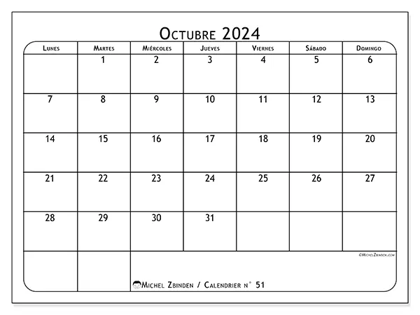 Calendario n.° 51 para imprimir gratis, octubre 2025. Semana:  De lunes a domingo