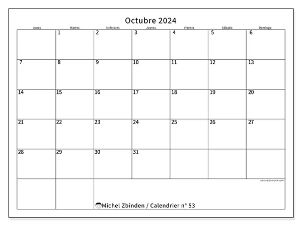 Calendario n.° 53 para imprimir gratis, octubre 2025. Semana:  De lunes a domingo