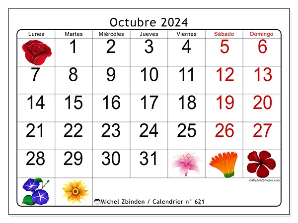 Calendario n.° 621 para octubre de 2024 para imprimir gratis. Semana: De lunes a domingo.