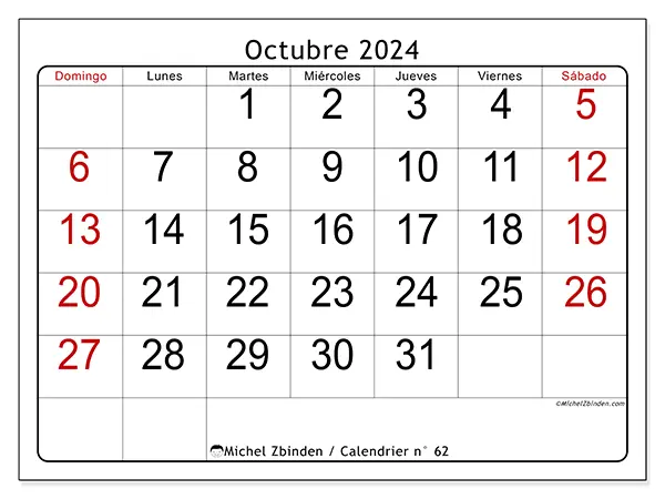 Calendario n.° 62 para octubre de 2024 para imprimir gratis. Semana: De domingo a sábado.
