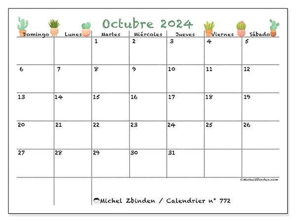 Calendario n.° 772 para octubre de 2024 para imprimir gratis. Semana: De domingo a sábado.