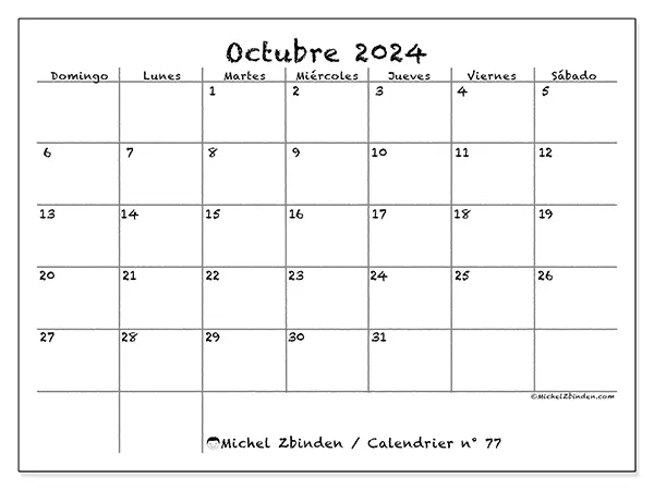 Calendario para imprimir gratis n° 77 para octubre de 2024. Semana: De domingo a sábado.