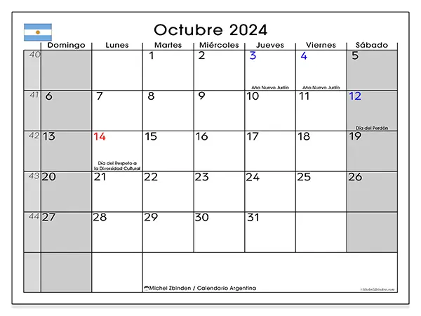 Calendario Argentina para imprimir gratis de octubre de 2024. Semana: De domingo a sábado.