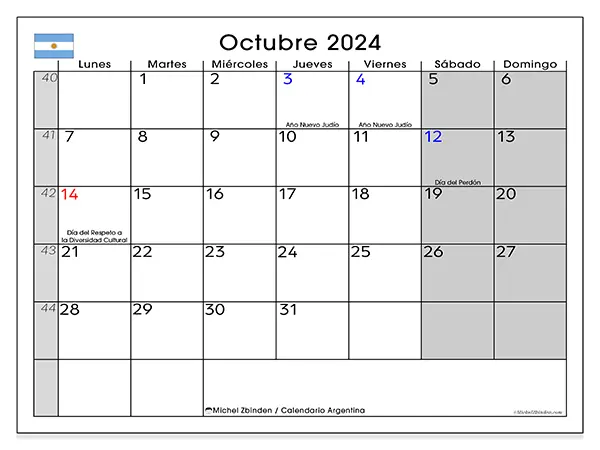 Calendario Argentina para imprimir gratis de octubre de 2024. Semana: De lunes a domingo.