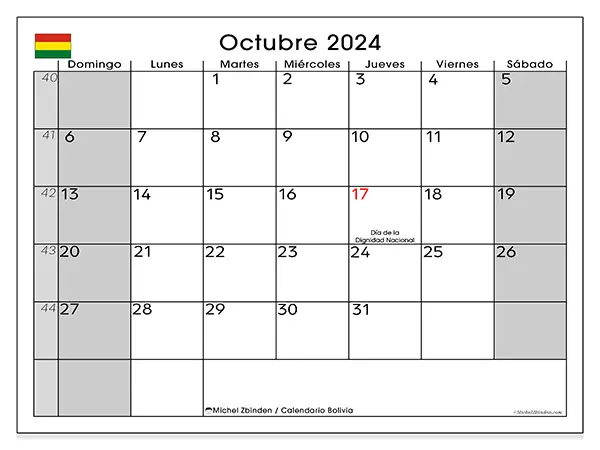 Calendario Bolivia para imprimir gratis de octubre de 2024. Semana: De domingo a sábado.