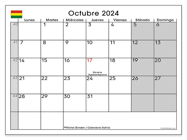 Calendario de Bolivia para imprimir gratis, octubre 2025. Semana:  De lunes a domingo