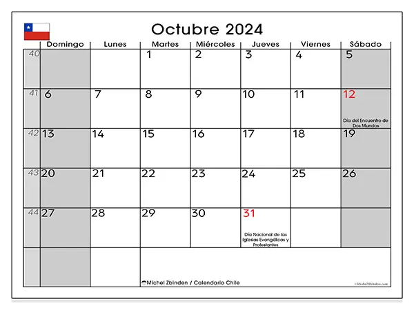 Calendario Chile para imprimir gratis de octubre de 2024. Semana: De domingo a sábado.