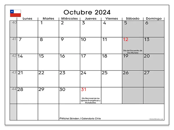 Calendario Chile para imprimir gratis de octubre de 2024. Semana: De lunes a domingo.