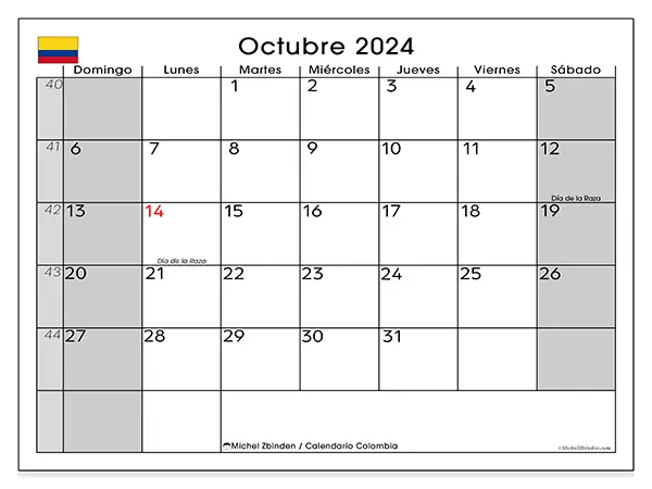 Calendario Colombia para imprimir gratis de octubre de 2024. Semana: De domingo a sábado.