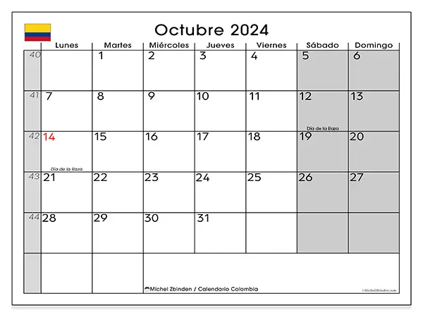 Calendario Colombia para imprimir gratis de octubre de 2024. Semana: De lunes a domingo.