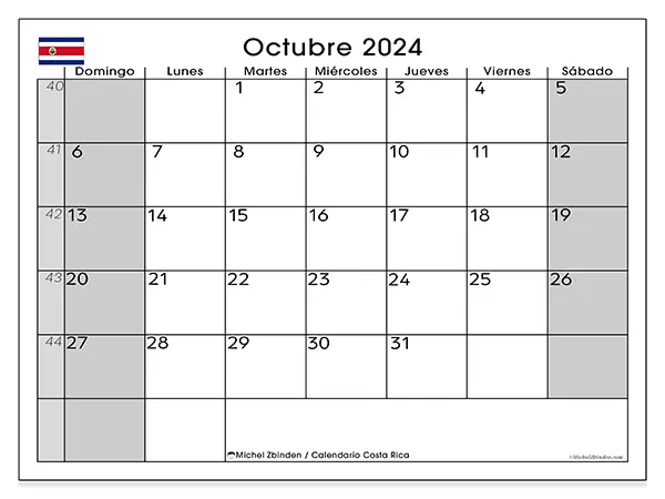 Calendario Costa Rica para imprimir gratis de octubre de 2024. Semana: De domingo a sábado.