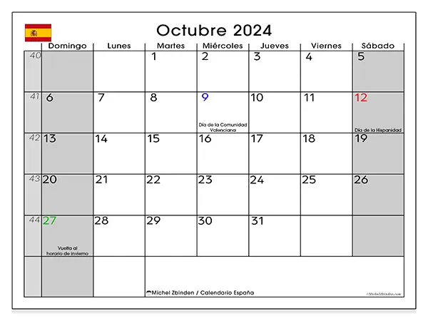 Calendario España para imprimir gratis de octubre de 2024. Semana: De domingo a sábado.