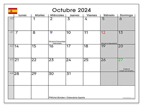 Calendario España para imprimir gratis de octubre de 2024. Semana: De lunes a domingo.