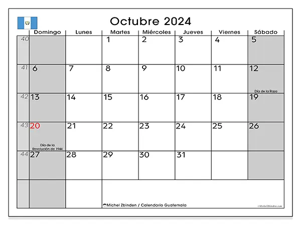 Calendario Guatemala para imprimir gratis de octubre de 2024. Semana: De domingo a sábado.
