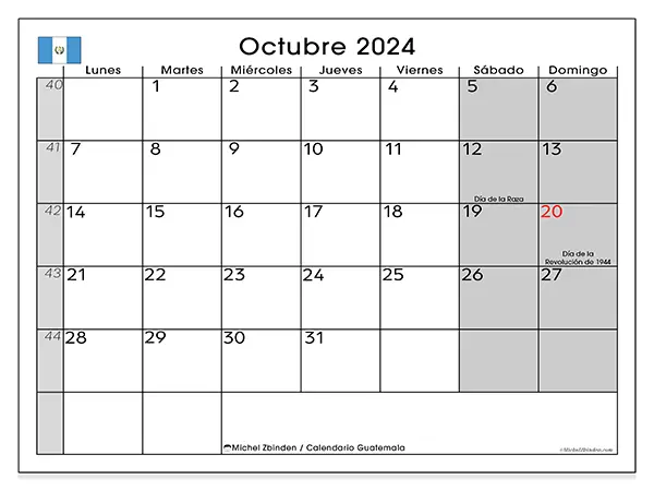 Calendario Guatemala para imprimir gratis de octubre de 2024. Semana: De lunes a domingo.
