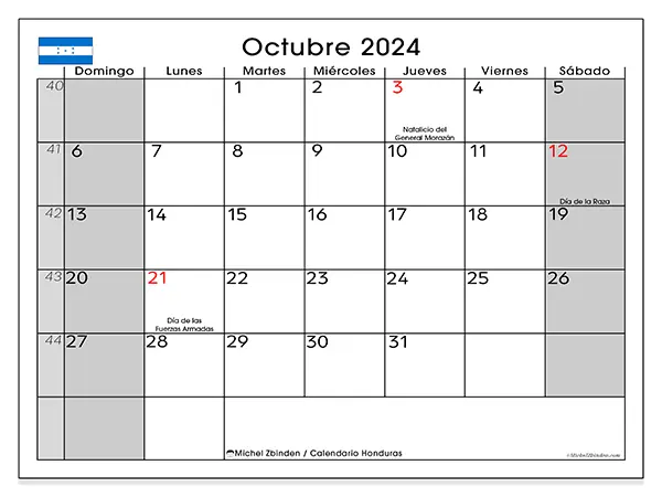 Calendario Honduras para imprimir gratis de octubre de 2024. Semana: De domingo a sábado.