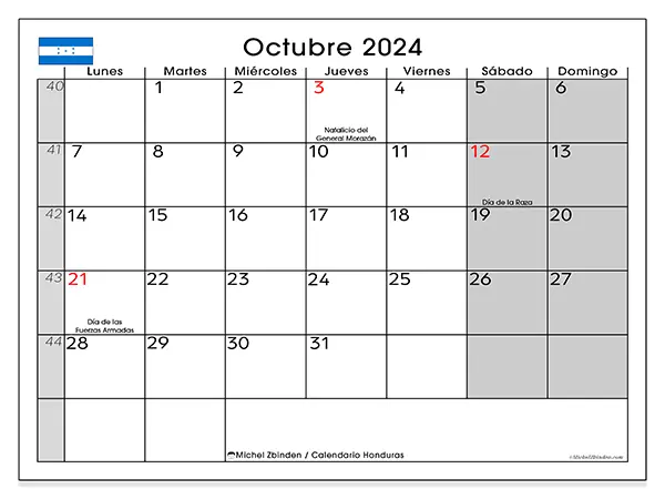 Calendario de Honduras para imprimir gratis, octubre 2025. Semana:  De lunes a domingo