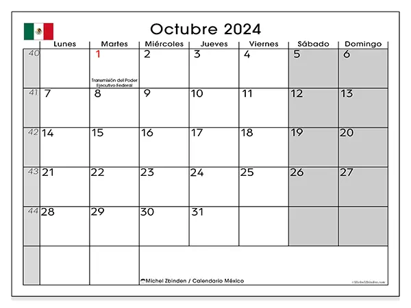 Calendario México para imprimir gratis de octubre de 2024. Semana: De lunes a domingo.