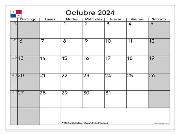 Calendario Panamá para imprimir gratis de octubre de 2024. Semana: De domingo a sábado.