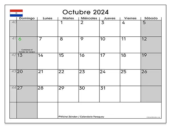 Calendario Paraguay para imprimir gratis de octubre de 2024. Semana: De domingo a sábado.