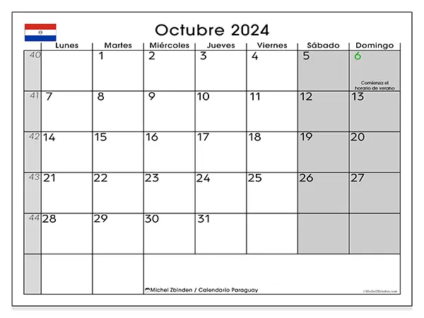 Calendario de Paraguay para imprimir gratis, octubre 2025. Semana:  De lunes a domingo