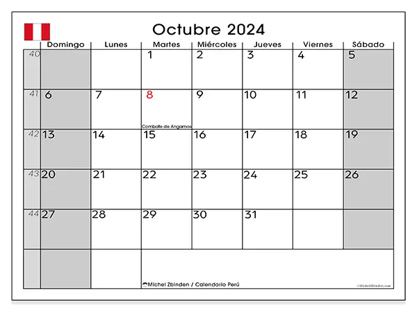 Calendario Perú para imprimir gratis de octubre de 2024. Semana: De domingo a sábado.