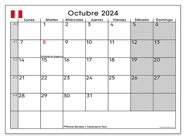 Calendario Perú para imprimir gratis de octubre de 2024. Semana: De lunes a domingo.