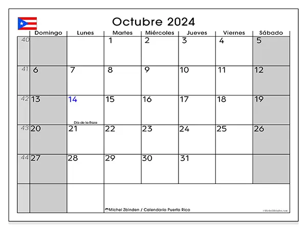 Calendario para imprimir gratis de Puerto Rico para octubre de 2024. Semana : De domingo a sábado.