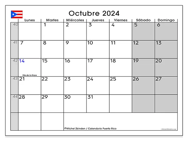 Calendario para imprimir gratis de Puerto Rico para octubre de 2024. Semana : De lunes a domingo.