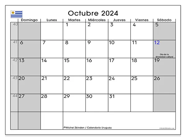 Calendario Uruguay para imprimir gratis de octubre de 2024. Semana: De domingo a sábado.