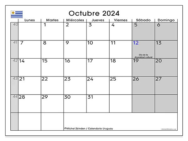 Calendario Uruguay para imprimir gratis de octubre de 2024. Semana: De lunes a domingo.