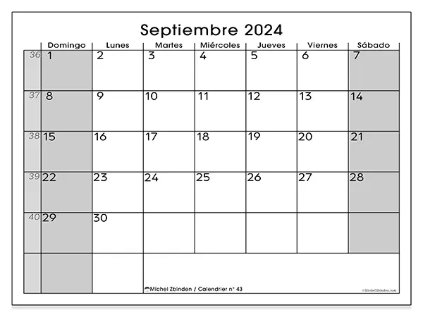 Calendario n.° 43 para septiembre de 2024 para imprimir gratis. Semana: De domingo a sábado.