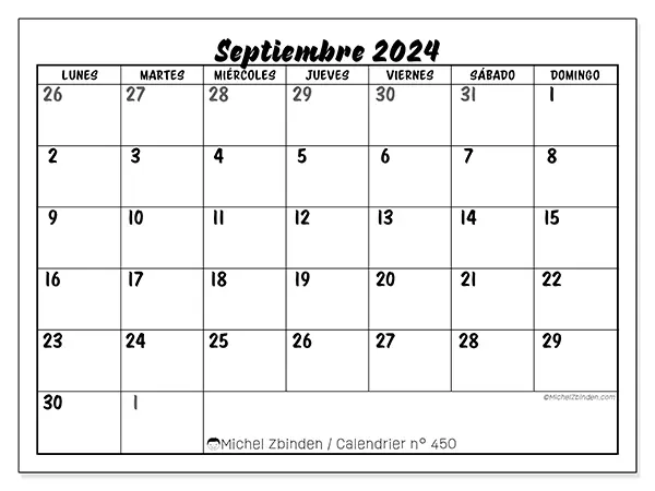 Calendario n.° 450 para septiembre de 2024 para imprimir gratis. Semana: De lunes a domingo.