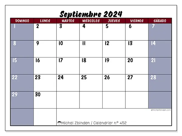 Calendario n.° 452 para imprimir gratis, septiembre 2025. Semana:  De domingo a sábado