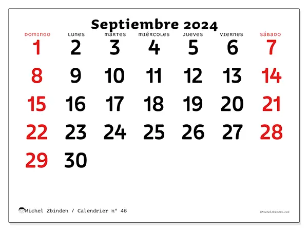 Calendario n.° 46 para imprimir gratis, septiembre 2025. Semana:  De domingo a sábado