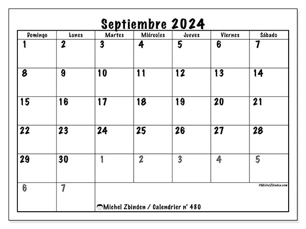 Calendario n.° 480 para imprimir gratis, septiembre 2025. Semana:  De domingo a sábado