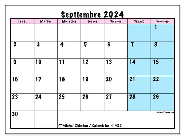 Calendario n.° 482 para septiembre de 2024 para imprimir gratis. Semana: De lunes a domingo.