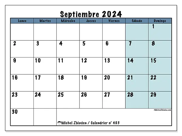 Calendario n.° 483 para septiembre de 2024 para imprimir gratis. Semana: De lunes a domingo.