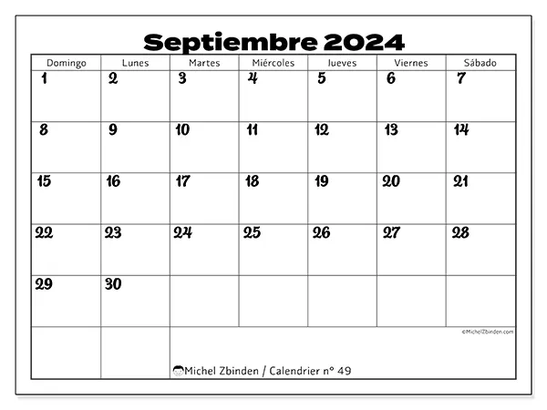 Calendario n.° 49 para imprimir gratis, septiembre 2025. Semana:  De domingo a sábado