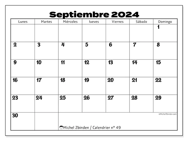 Calendario n.° 49 para septiembre de 2024 para imprimir gratis. Semana: De lunes a domingo.