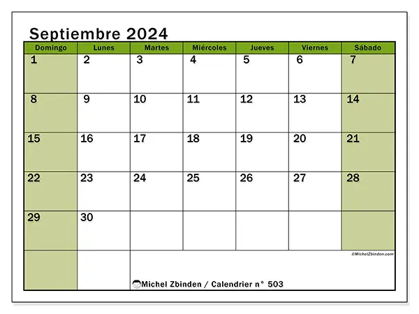 Calendario n.° 503 para imprimir gratis, septiembre 2025. Semana:  De domingo a sábado