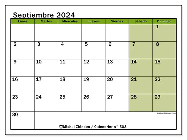 Calendario n.° 503 para septiembre de 2024 para imprimir gratis. Semana: De lunes a domingo.