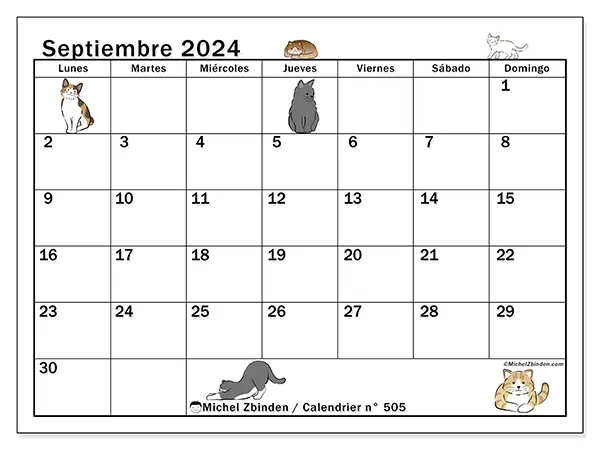 Calendario n.° 505 para septiembre de 2024 para imprimir gratis. Semana: De lunes a domingo.