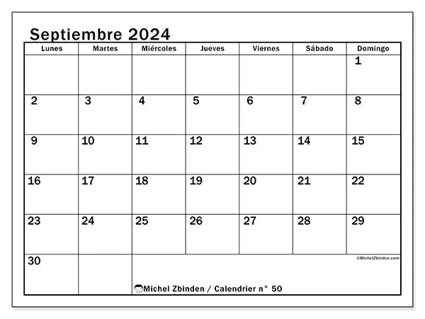 Calendario n.° 50 para septiembre de 2024 para imprimir gratis. Semana: De lunes a domingo.