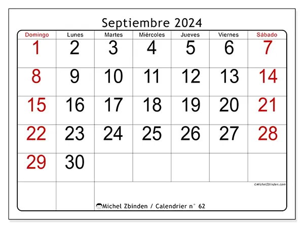 Calendario n.° 62 para septiembre de 2024 para imprimir gratis. Semana: De domingo a sábado.
