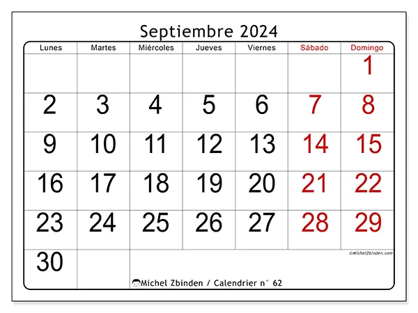 Calendario n.° 62 para septiembre de 2024 para imprimir gratis. Semana: De lunes a domingo.